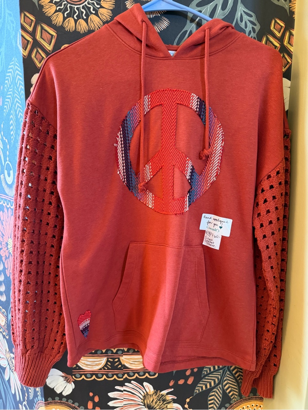 Time and Tru Rust Red Hooded Sweatshirt with Peace Symbol